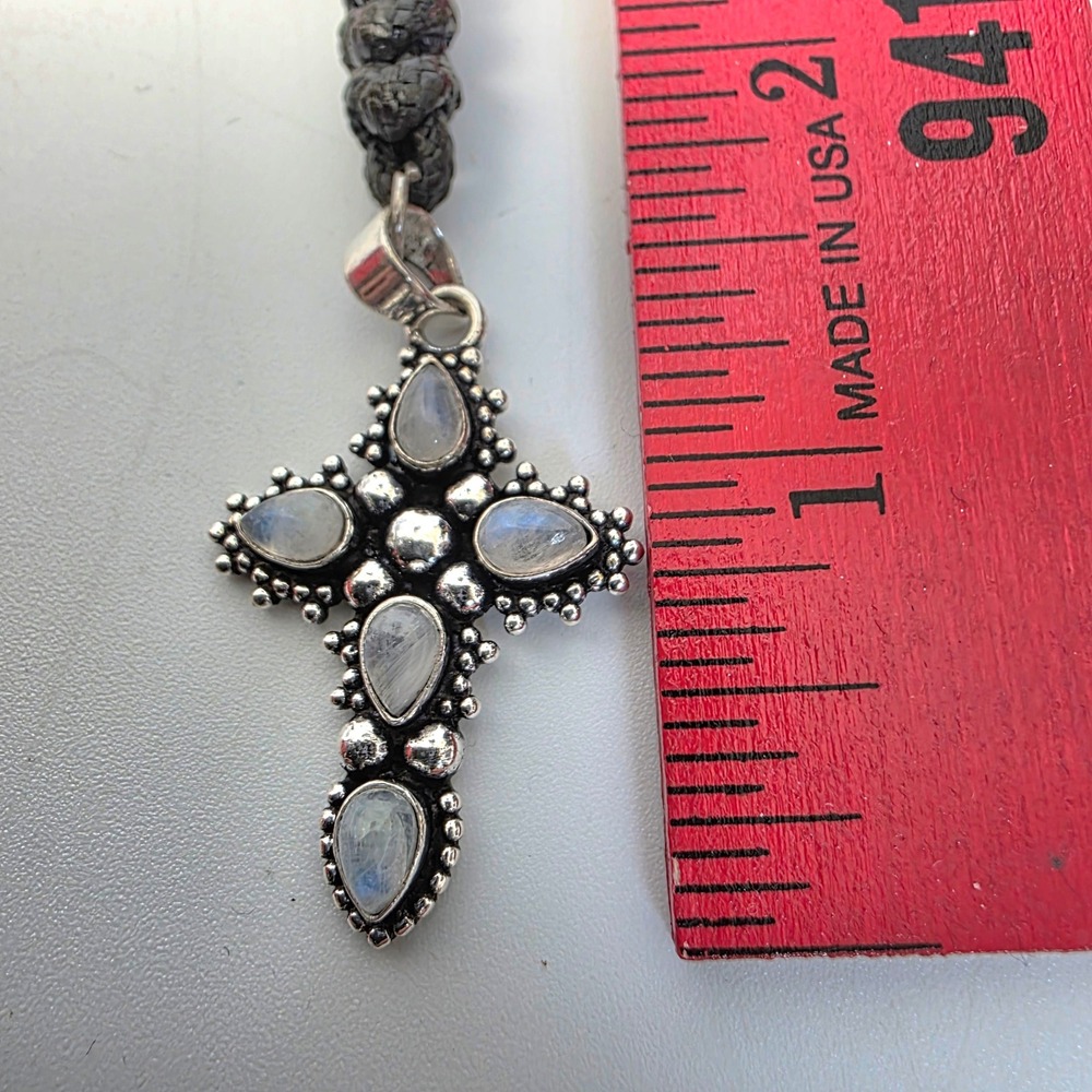 Rainbow Moonstone Cross Pendant Necklace Adjustable Tibetan Handmade Black Cord - Picture 4 of 6